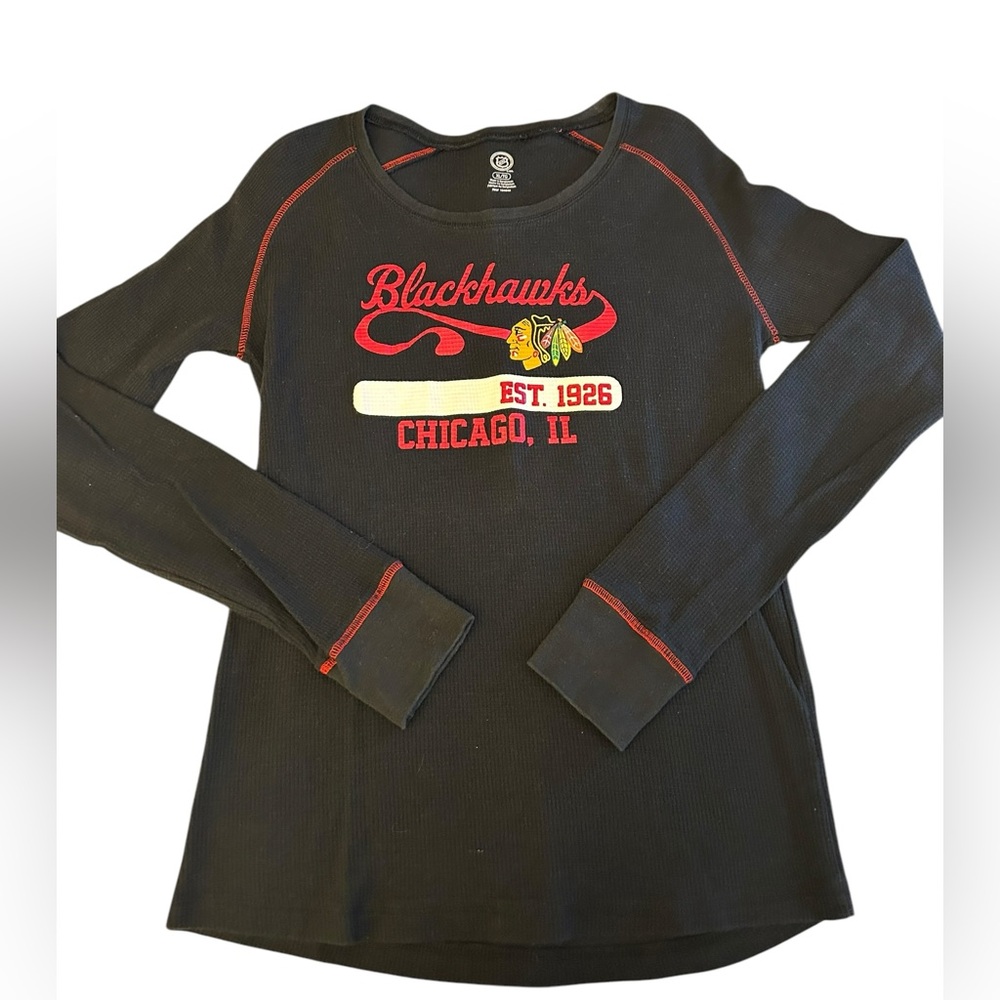 NHL Chicago Blackhawks Women’s L/XL Long Sleeve Waffle‎ Knit Raglan Shirt Black